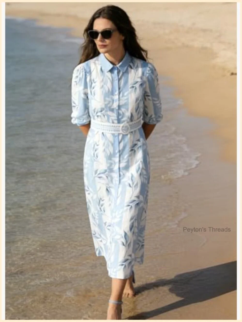 Women Summer Boho Maxi Dress Long Sleeve Button Down Tie Waist with Pocket - Picture 4 of 6